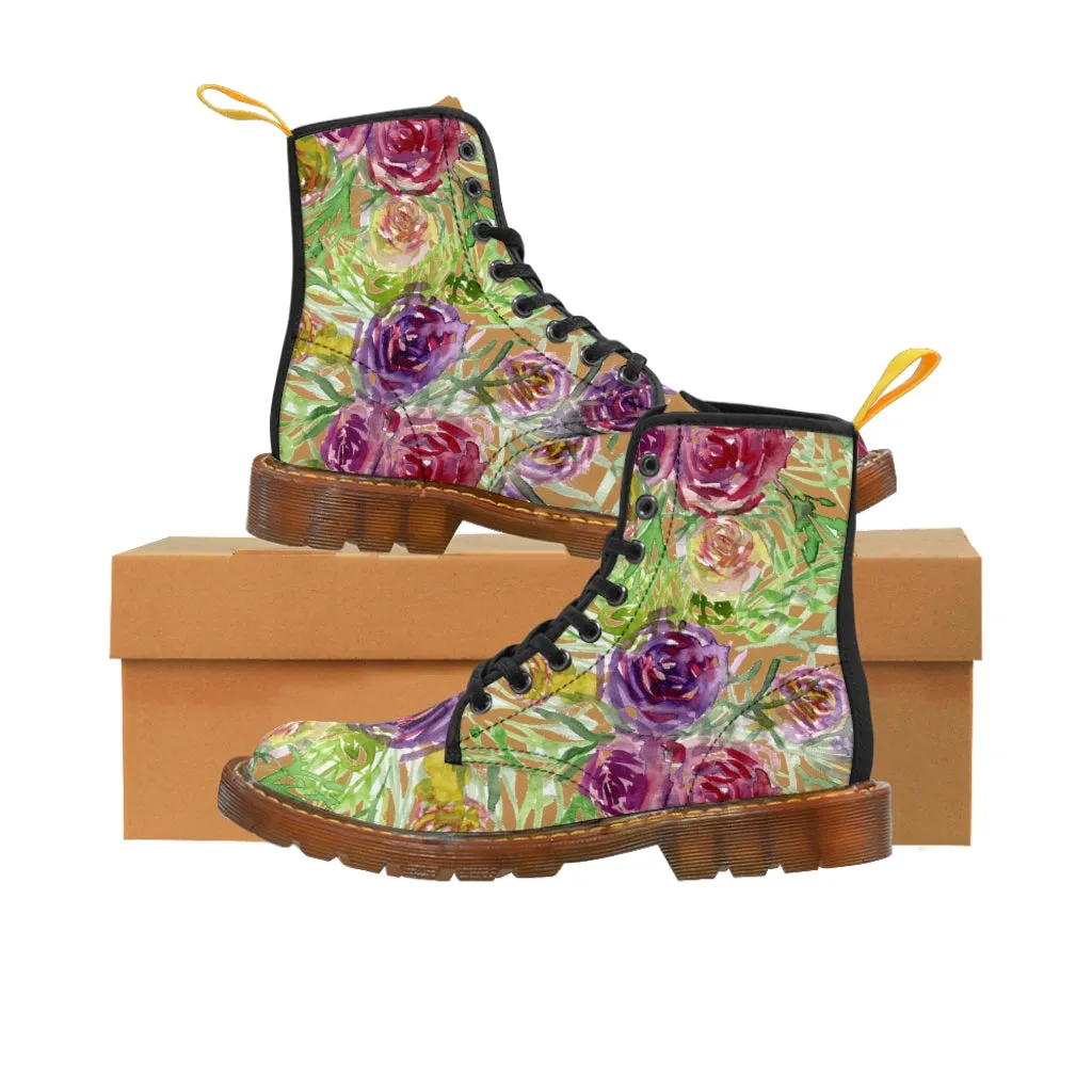 Brown Yellow Floral Women's Boots, Flower Print Vintage Style Hiking Combat Boots For Ladies