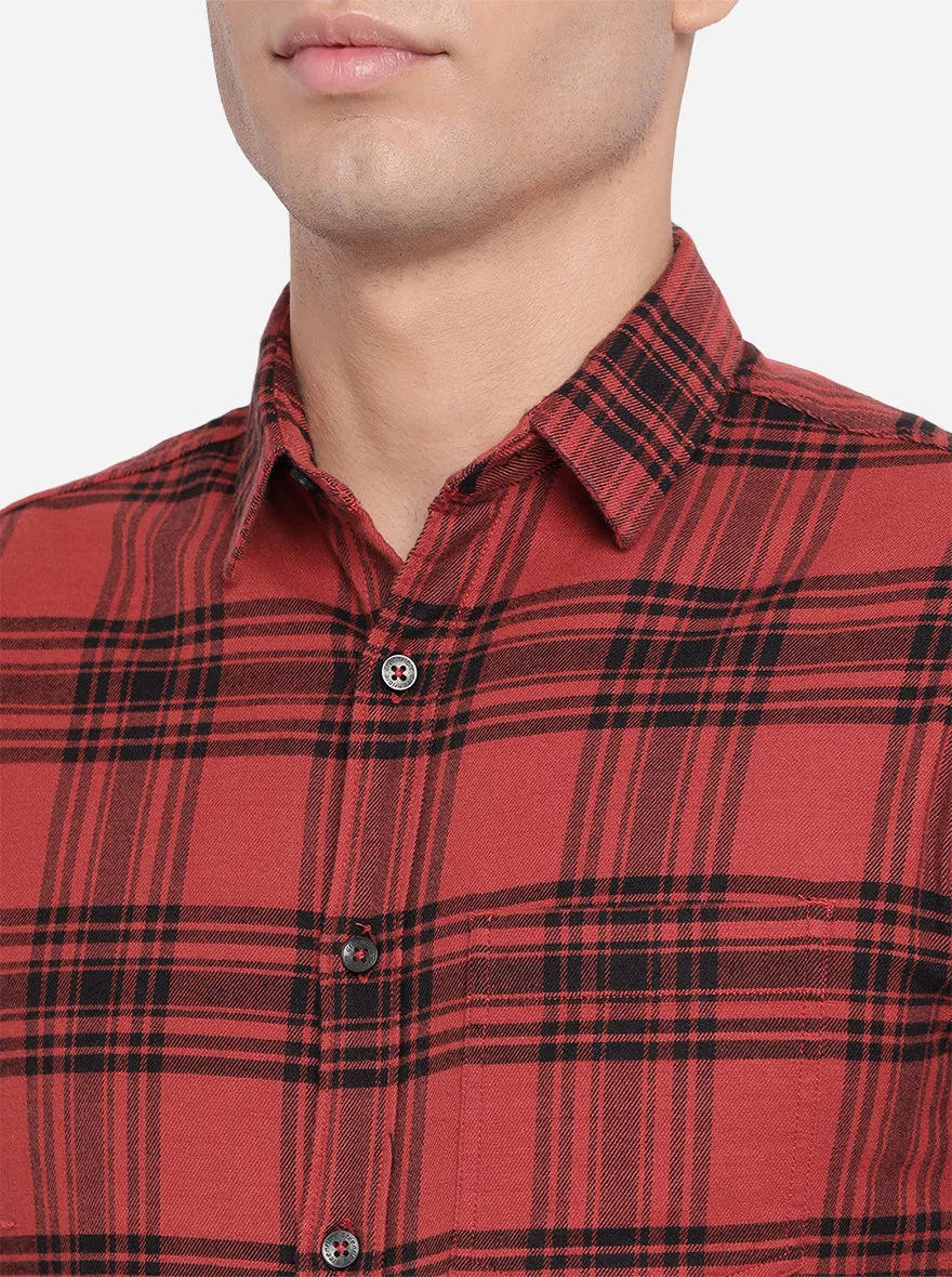 Burn Red Checked Slim Fit Semi Casual Shirt | Greenfibre