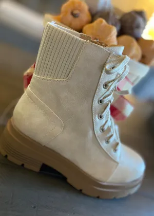 'Camryn' Cream Lace Up Combat Boot With Stretch Knit Back