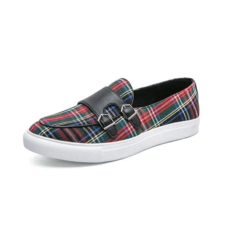 Canvas Plaid Men's Loafers: Classic Fashion Moccasins with Double Buckle