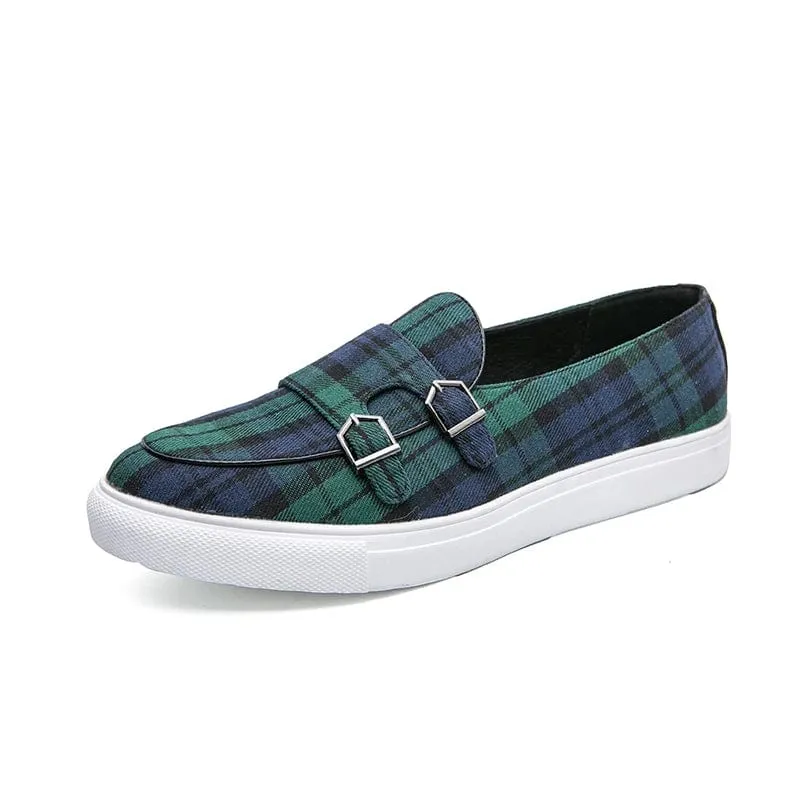 Canvas Plaid Men's Loafers: Classic Fashion Moccasins with Double Buckle