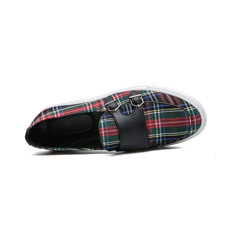 Canvas Plaid Men's Loafers: Classic Fashion Moccasins with Double Buckle