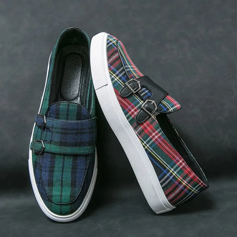 Canvas Plaid Men's Loafers: Classic Fashion Moccasins with Double Buckle