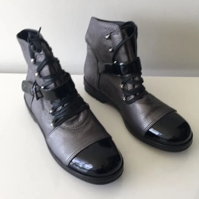 Chanel 05, 2005 metallic Grey black patent leather biker combat short ankle boots boots EU 37 US 6/6.5