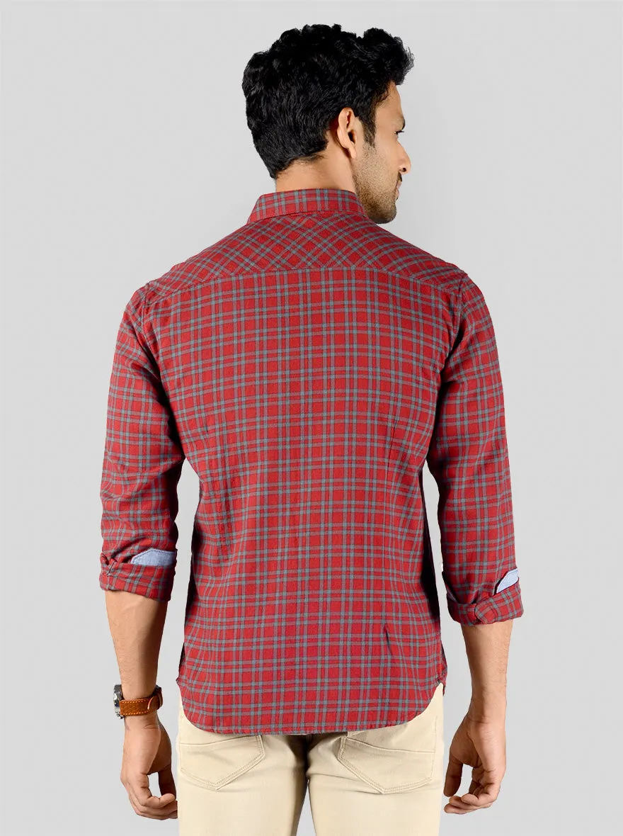 Chinese Red & Grey Checked Slim Fit Casual Shirt | Greenfibre