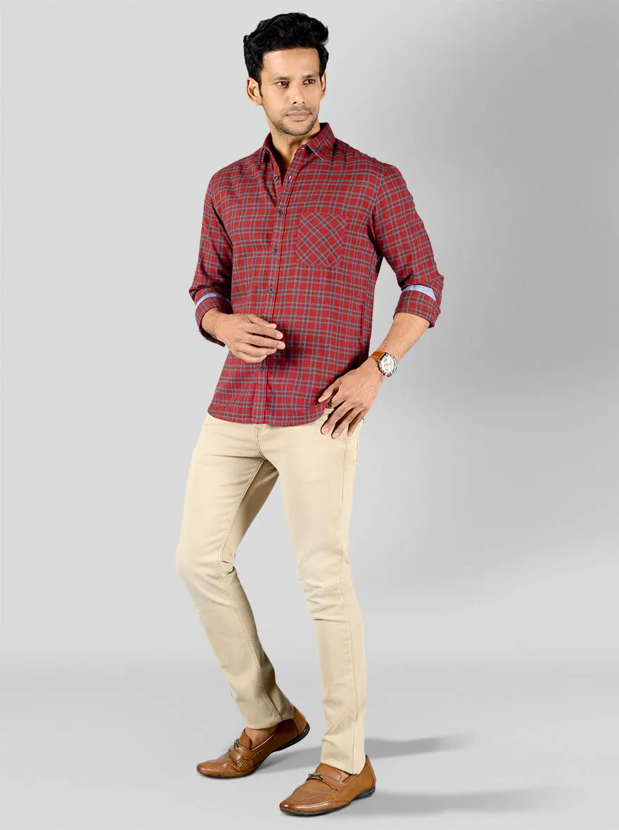 Chinese Red & Grey Checked Slim Fit Casual Shirt | Greenfibre