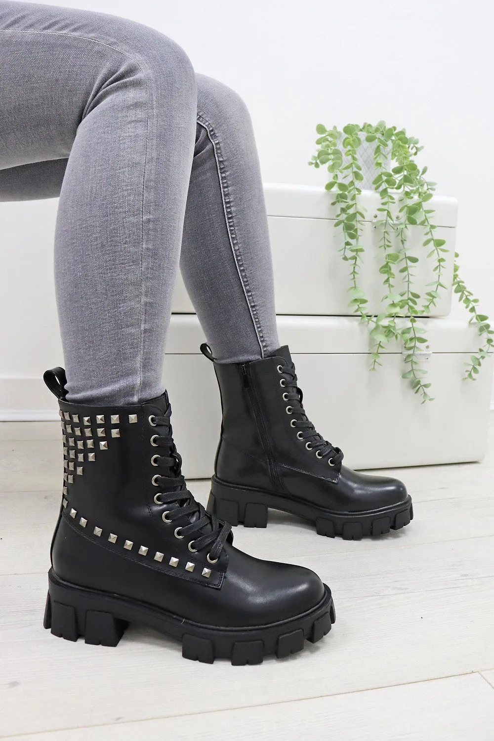 CHUNKY SOLE BLACK STUDDED LACE UP ANKLE BOOT