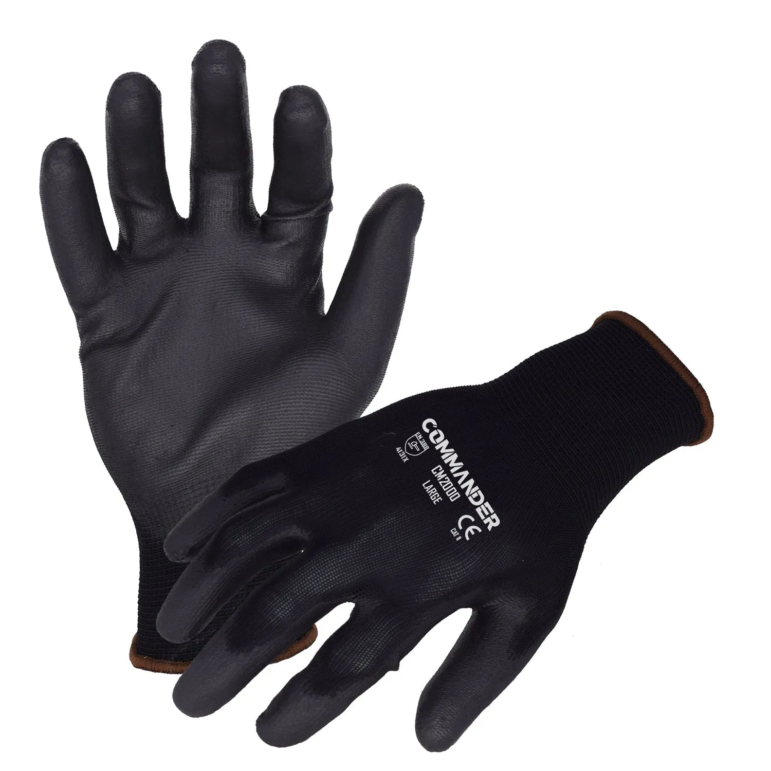 Commander(CM2000) General Purpose Work Gloves, 13-Guage Black Seamless Nylon Work Gloves w/ Black Polyurethane Palm/Finger Coating, 2X-Large, Case of 12 Pairs