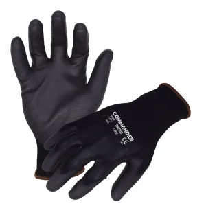 Commander(CM2000) General Purpose Work Gloves, 13-Guage Black Seamless Nylon Work Gloves w/ Black Polyurethane Palm/Finger Coating, Small, Case of 12 Pairs