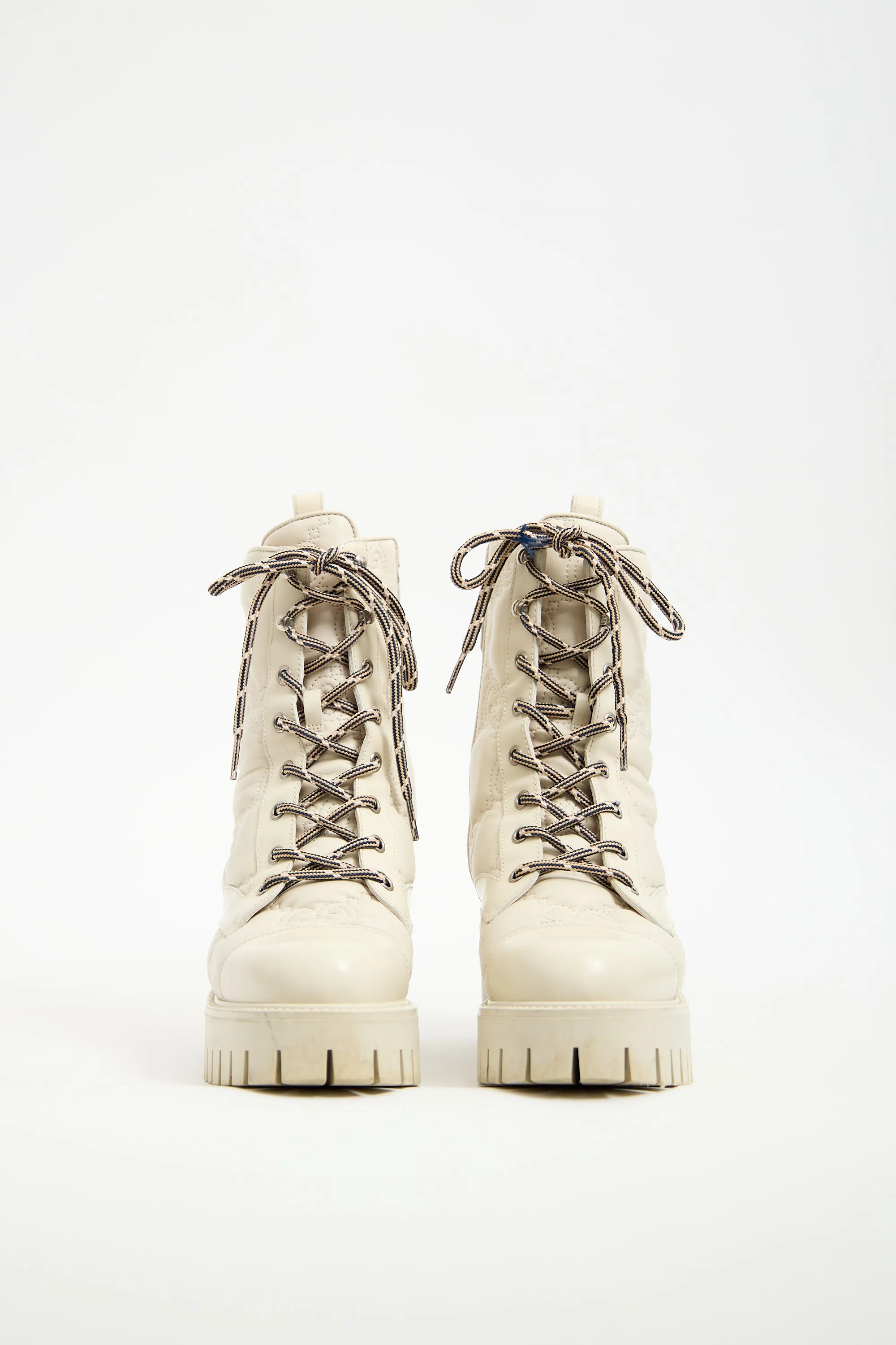 Cream Leather Monogram Combat Boot