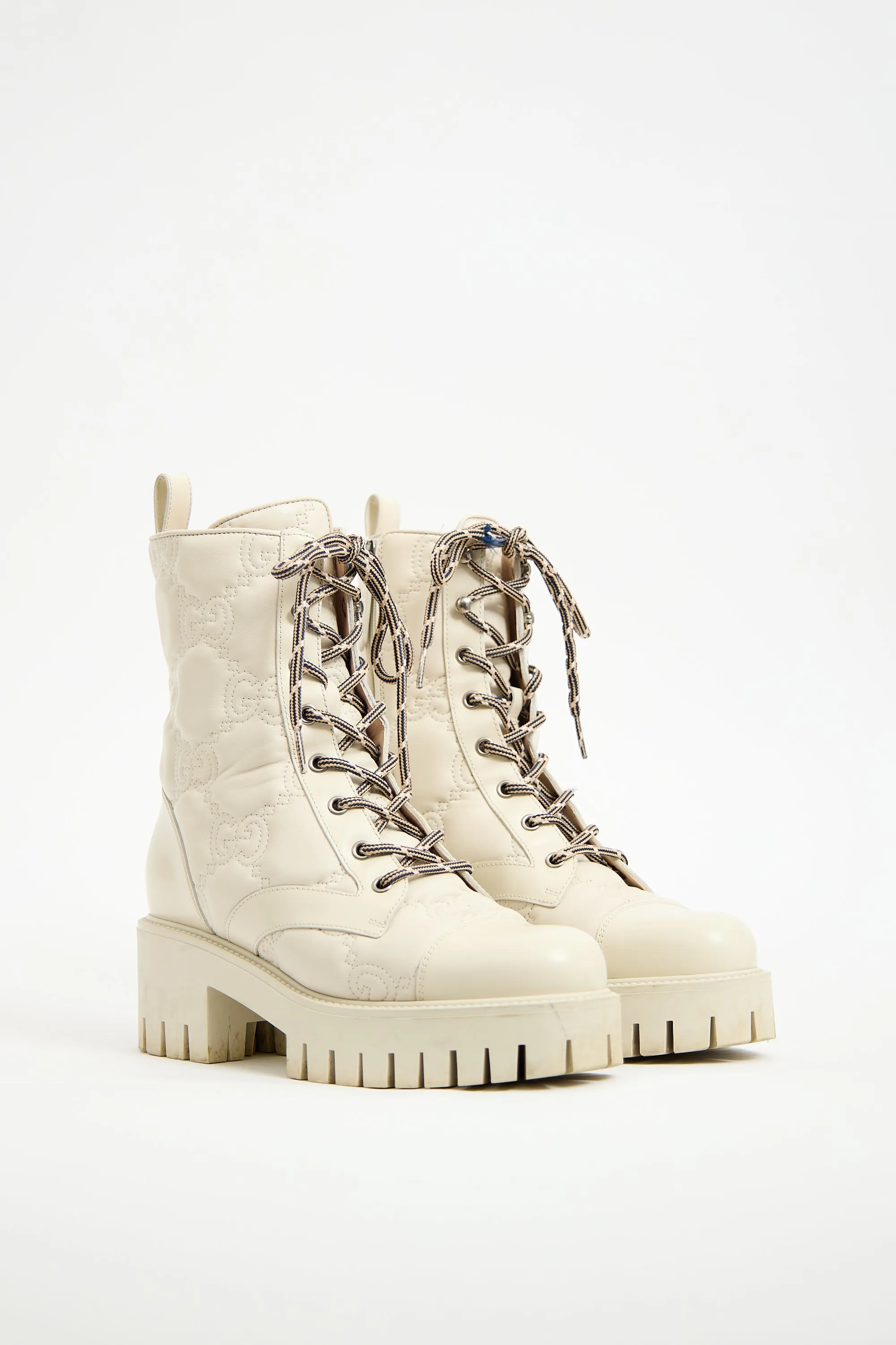 Cream Leather Monogram Combat Boot