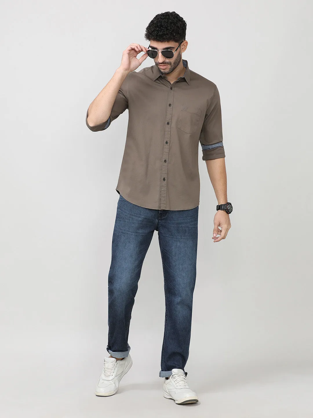 Dark Wood Dobby Lycra Plain Shirt With Pocket