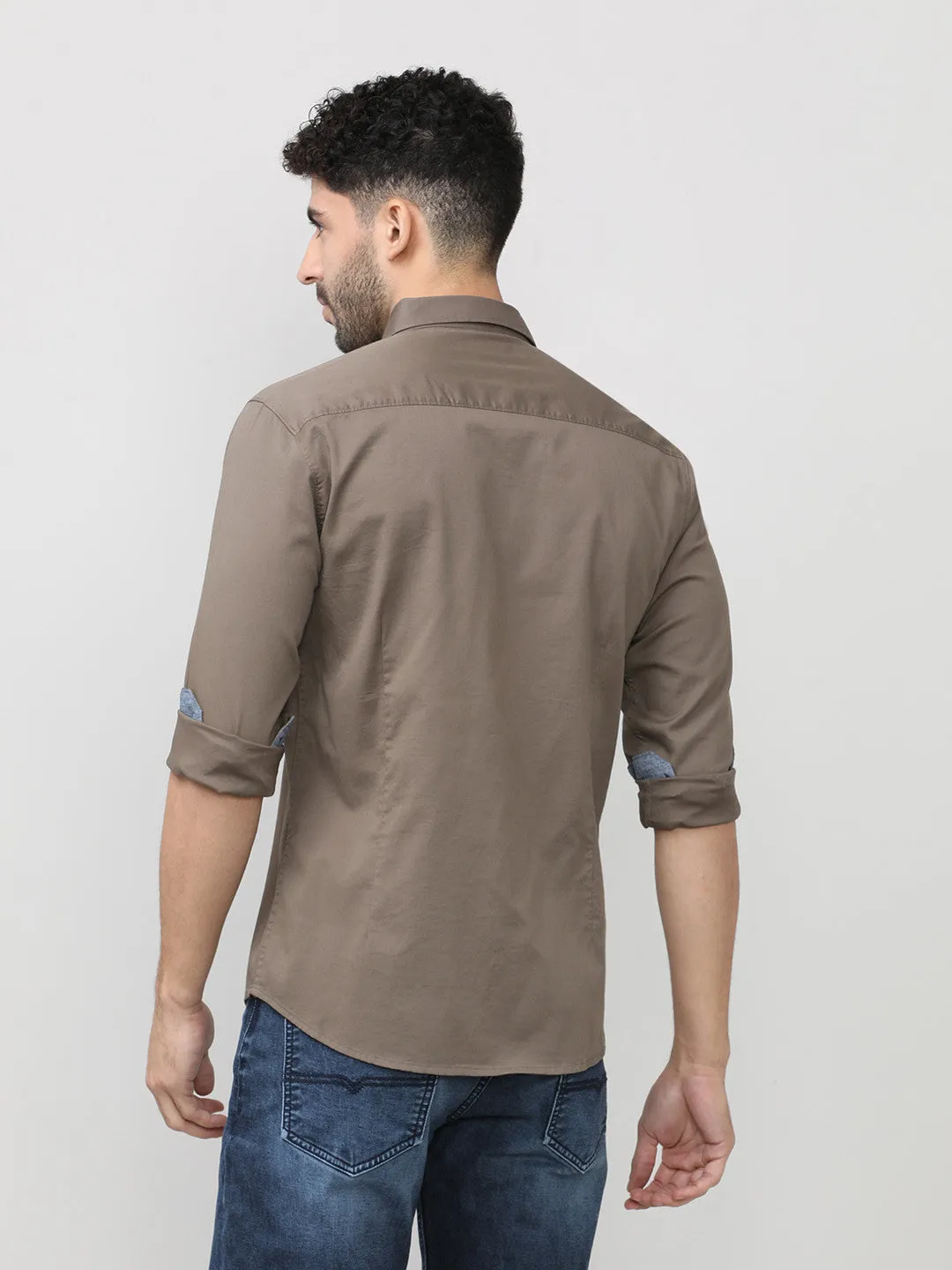 Dark Wood Dobby Lycra Plain Shirt With Pocket