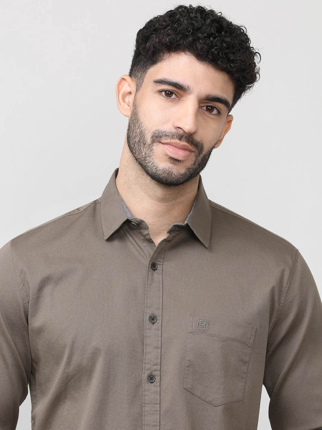 Dark Wood Dobby Lycra Plain Shirt With Pocket