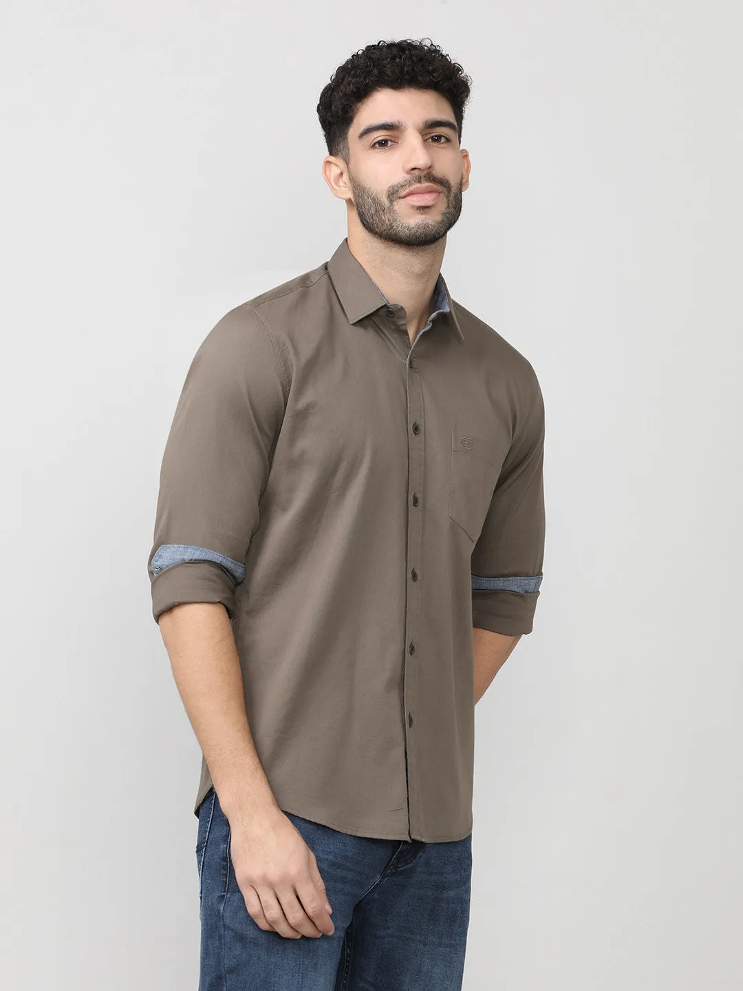 Dark Wood Dobby Lycra Plain Shirt With Pocket