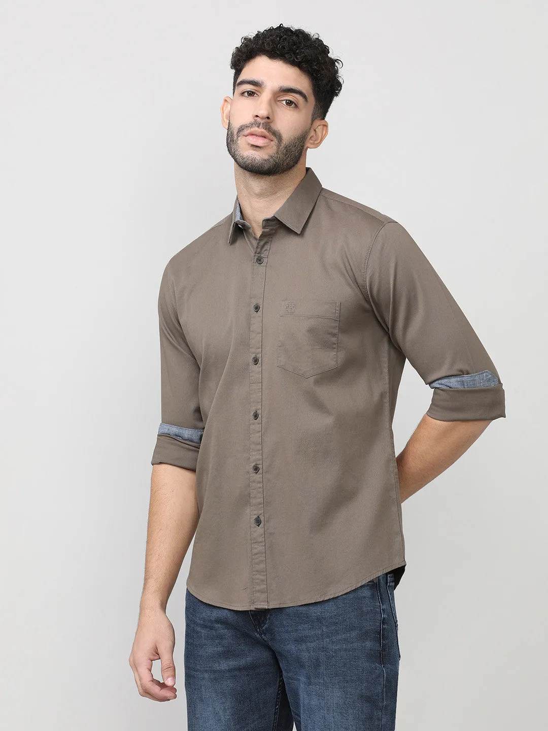 Dark Wood Dobby Lycra Plain Shirt With Pocket