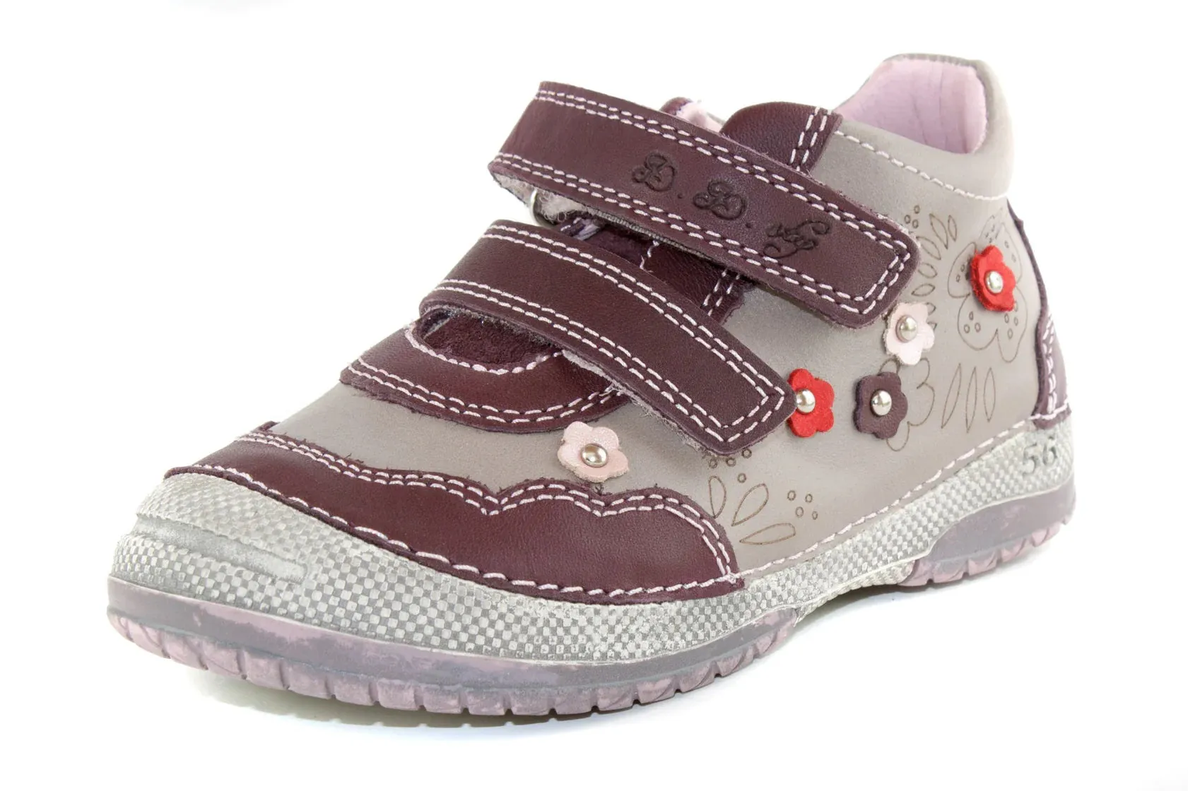 D.D. Step Toddler Girl Shoes Grey And Mauve With Drawings Flowers - Supportive Leather From Europe Kids Orthopedic