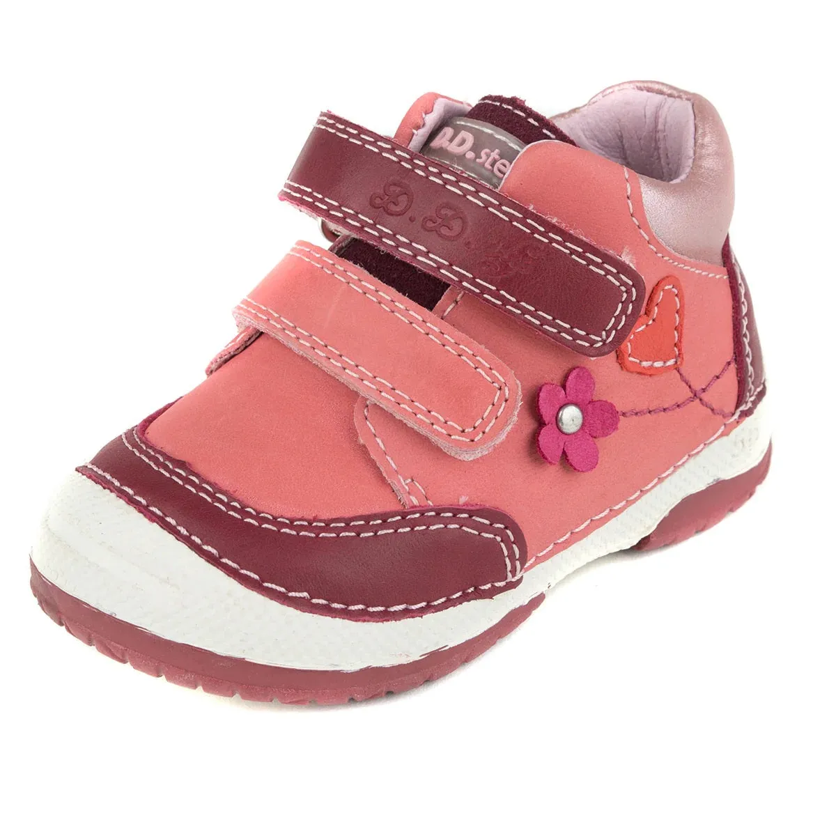 D.D. Step Toddler Girl Shoes Pink And Mauve With Heart Flower - Supportive Leather From Europe Kids Orthopedic