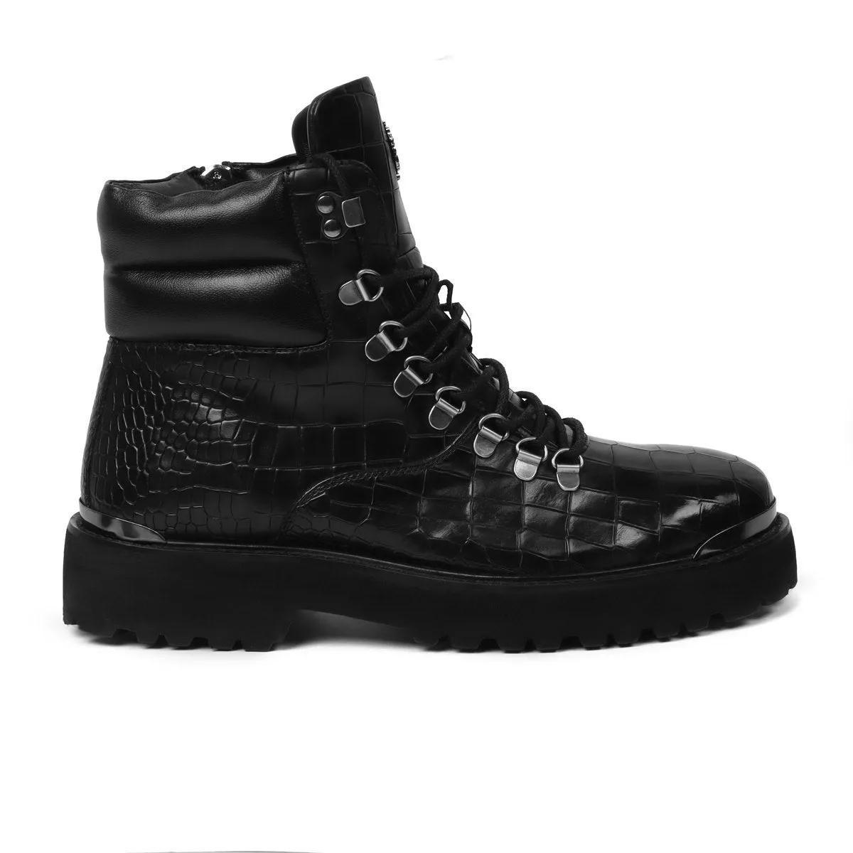 Deep Cut Leather Black Chunky Boot with Zip Closure