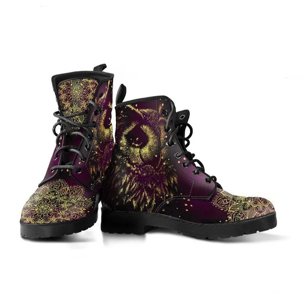 Deep Mood Owl  Memory Foam Boots | All Season Lace Up Boots | Vegan Leather Combat Boot by Manifestie