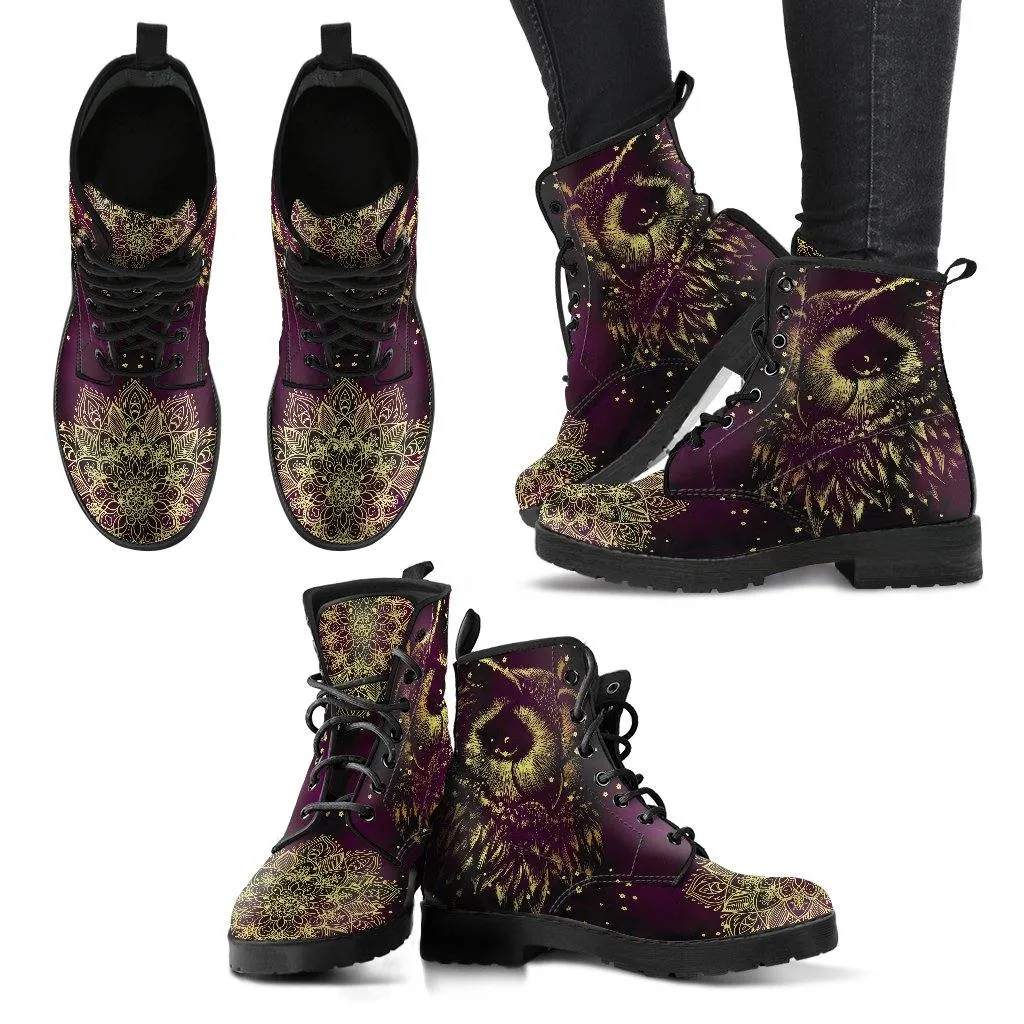 Deep Mood Owl  Memory Foam Boots | All Season Lace Up Boots | Vegan Leather Combat Boot by Manifestie