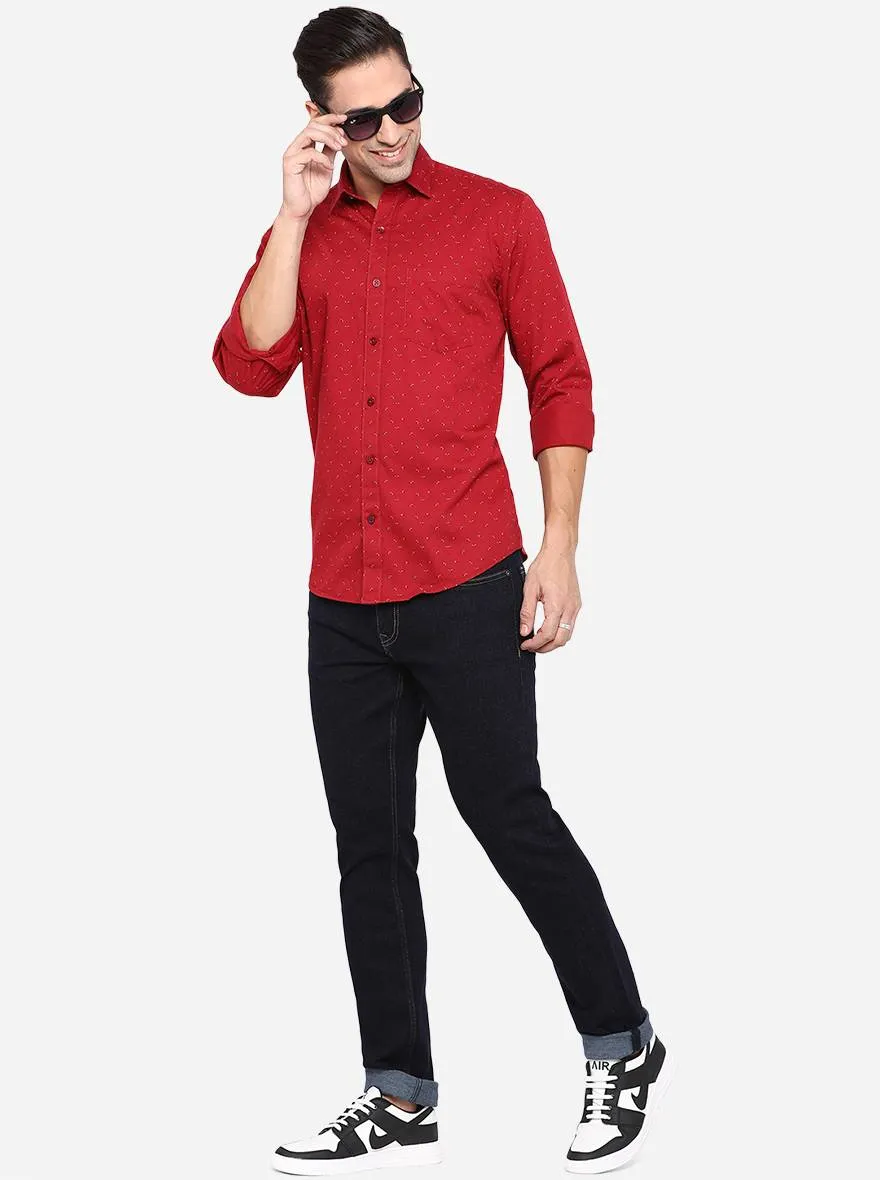 Deep Red Printed Slim Fit Casual Shirt | JadeBlue