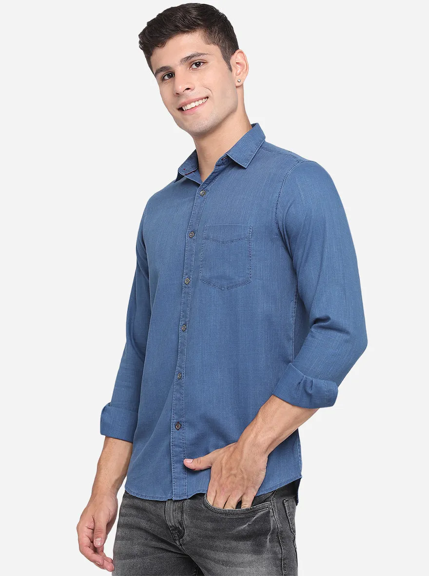 Denim Blue Solid Slim Fit Semi Casual Shirt | JadeBlue