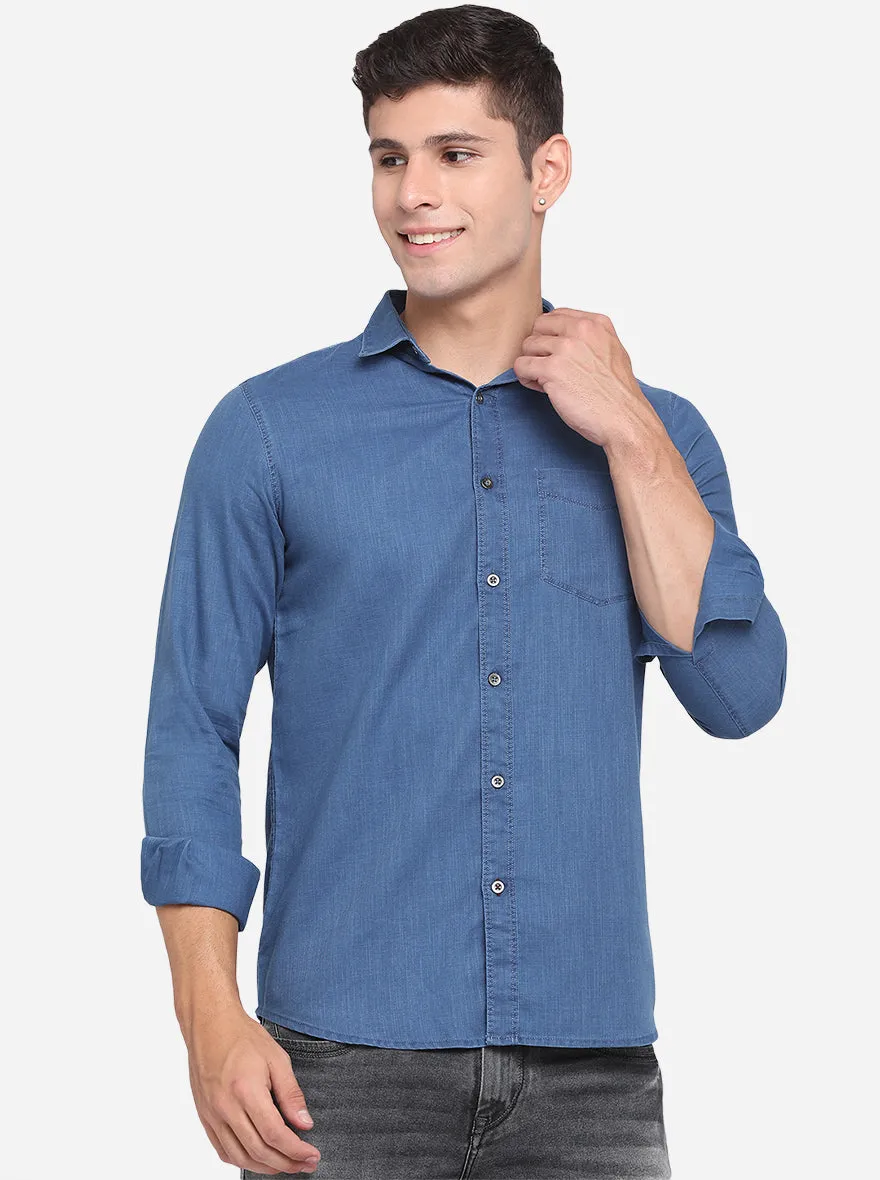 Denim Blue Solid Slim Fit Semi Casual Shirt | JadeBlue