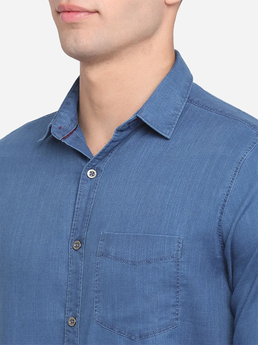 Denim Blue Solid Slim Fit Semi Casual Shirt | JadeBlue