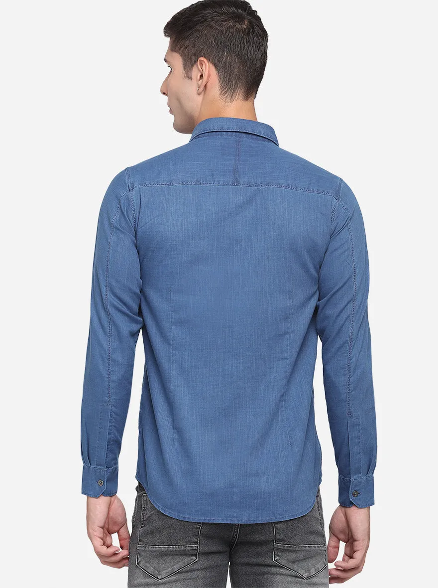 Denim Blue Solid Slim Fit Semi Casual Shirt | JadeBlue