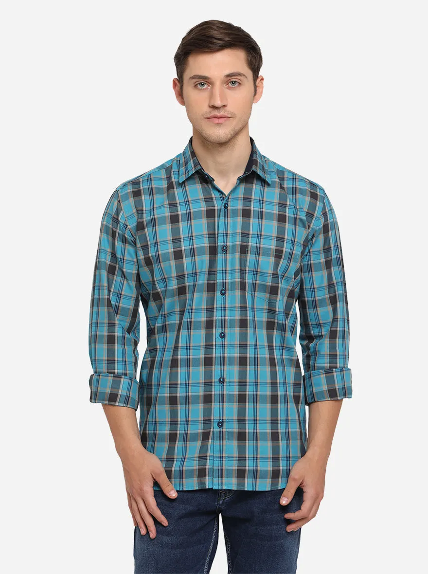 Enamel Blue Checked Slim Fit Semi Casual Shirt | JadeBlue