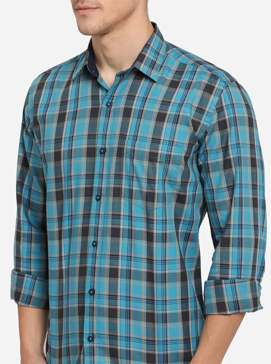 Enamel Blue Checked Slim Fit Semi Casual Shirt | JadeBlue