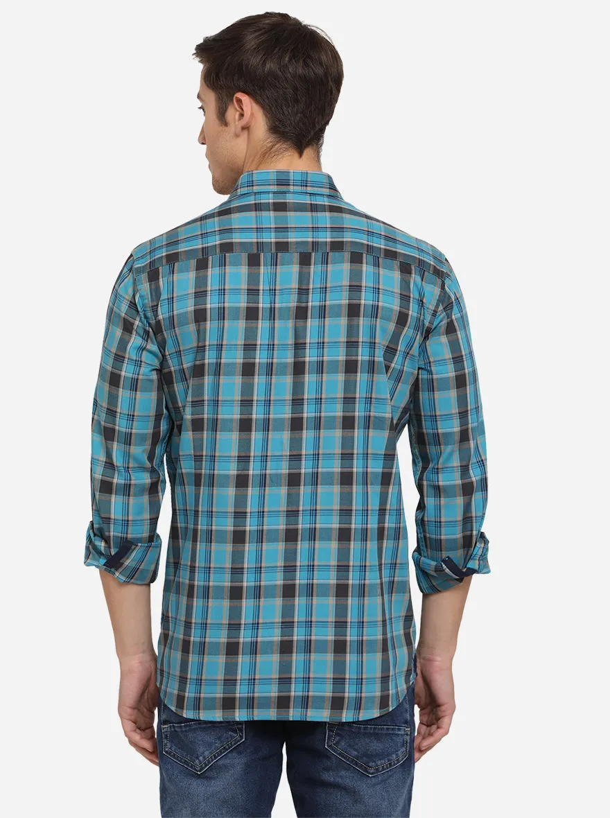 Enamel Blue Checked Slim Fit Semi Casual Shirt | JadeBlue