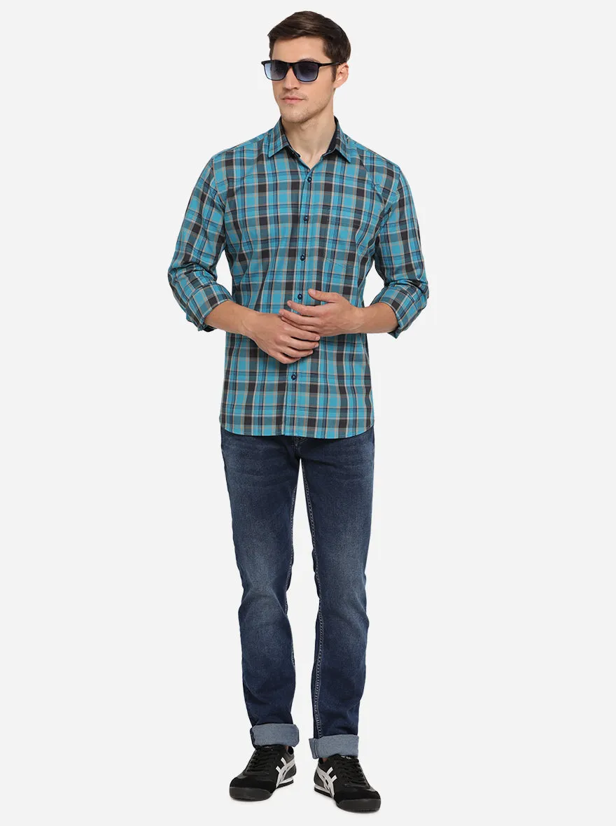 Enamel Blue Checked Slim Fit Semi Casual Shirt | JadeBlue