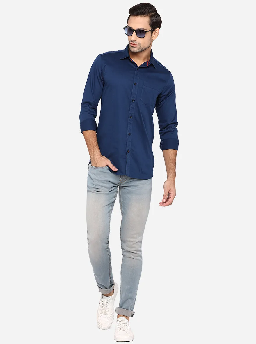 Ensign Blue Solid Slim Fit Semi Casual Shirt | JadeBlue