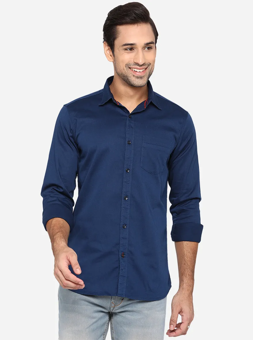 Ensign Blue Solid Slim Fit Semi Casual Shirt | JadeBlue