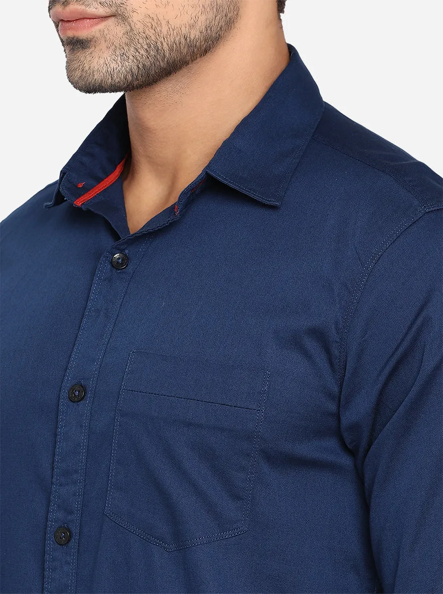 Ensign Blue Solid Slim Fit Semi Casual Shirt | JadeBlue