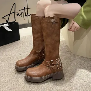 Fashion Belt Buckle Gothic Boots for Women Brown Thick Heels Knee High Combat Boots Woman Plus Size 42 Punk Long Botas Female