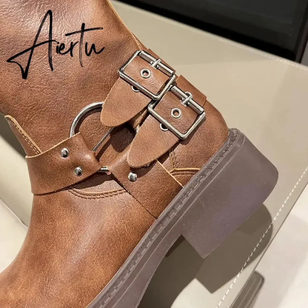 Fashion Belt Buckle Gothic Boots for Women Brown Thick Heels Knee High Combat Boots Woman Plus Size 42 Punk Long Botas Female