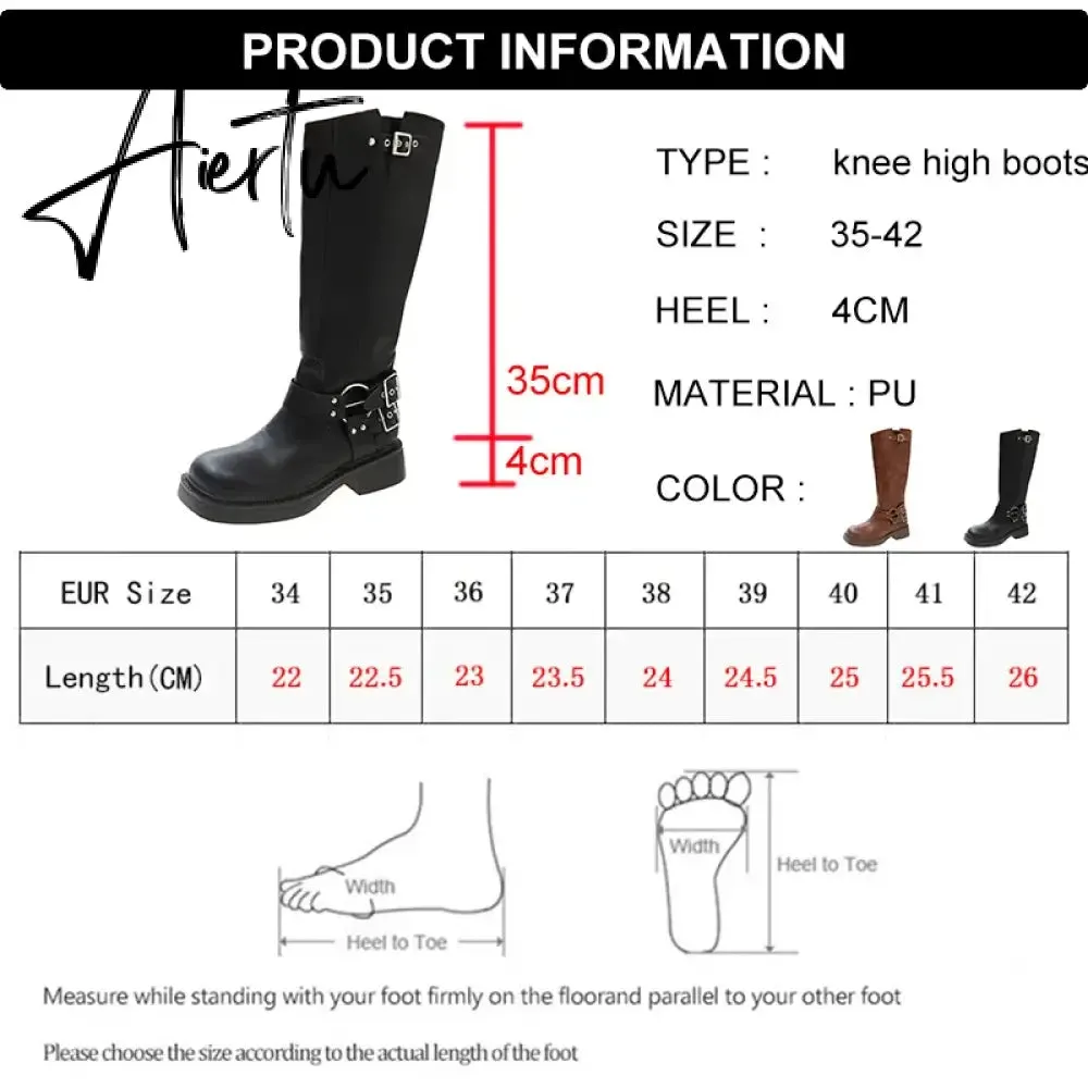 Fashion Belt Buckle Gothic Boots for Women Brown Thick Heels Knee High Combat Boots Woman Plus Size 42 Punk Long Botas Female