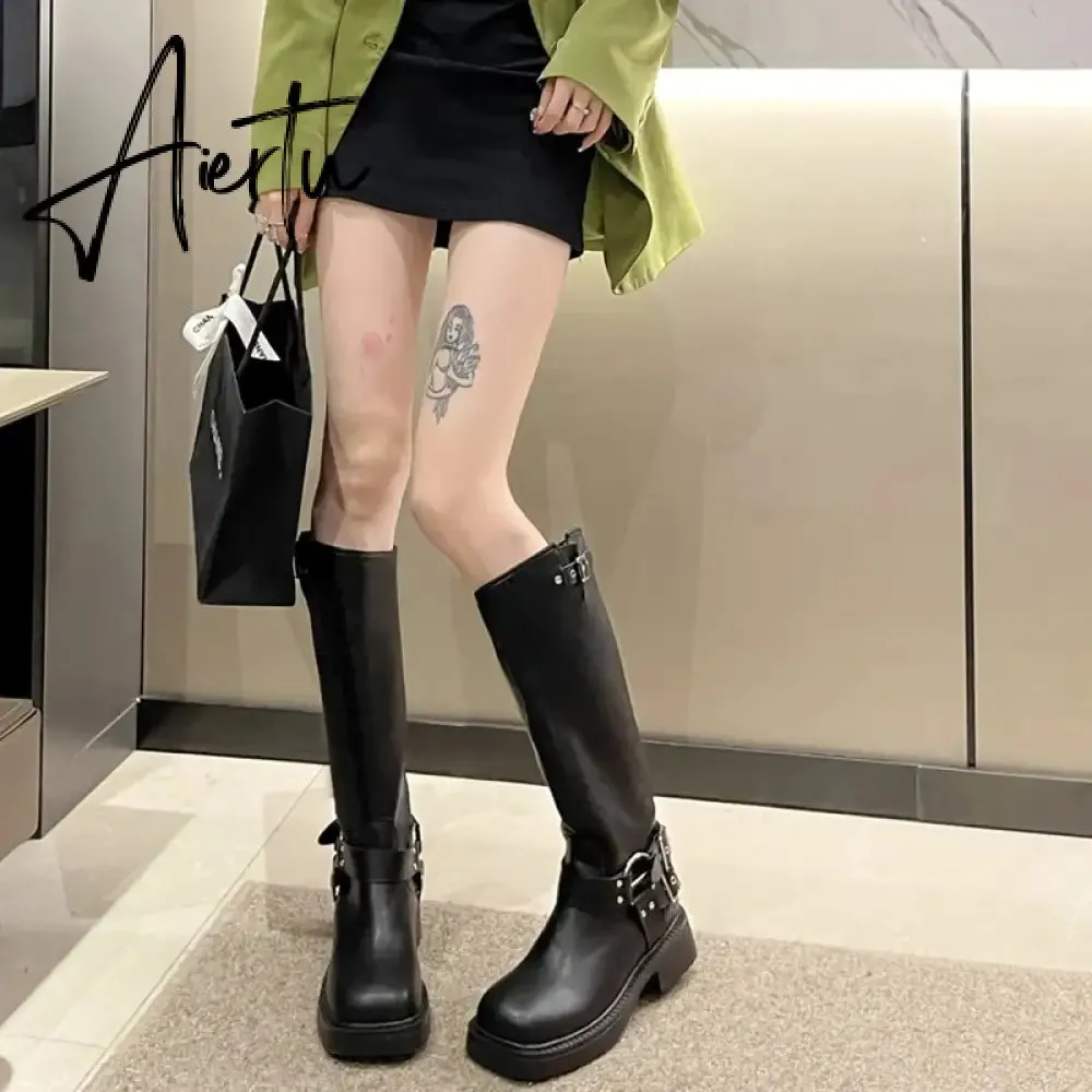 Fashion Belt Buckle Gothic Boots for Women Brown Thick Heels Knee High Combat Boots Woman Plus Size 42 Punk Long Botas Female