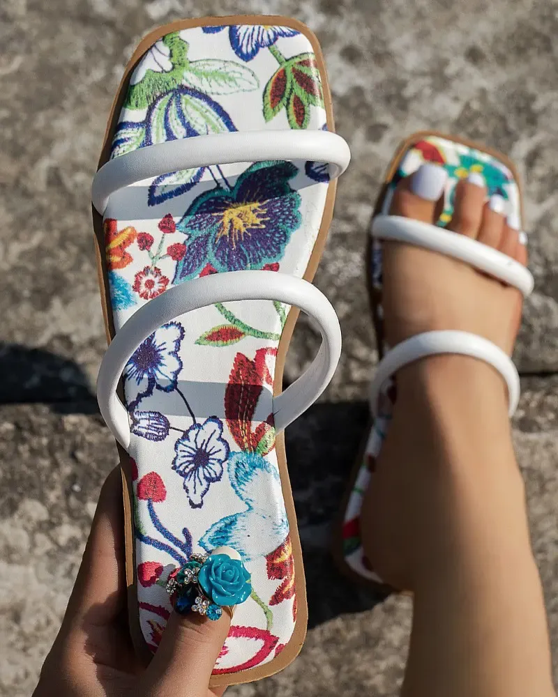 Floral Double Strap Beach Slippers