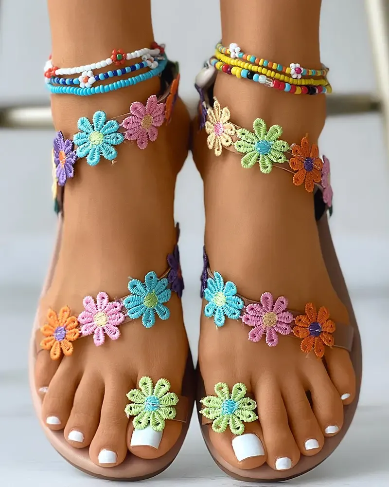 Floral Pattern Toe Ring Sandals