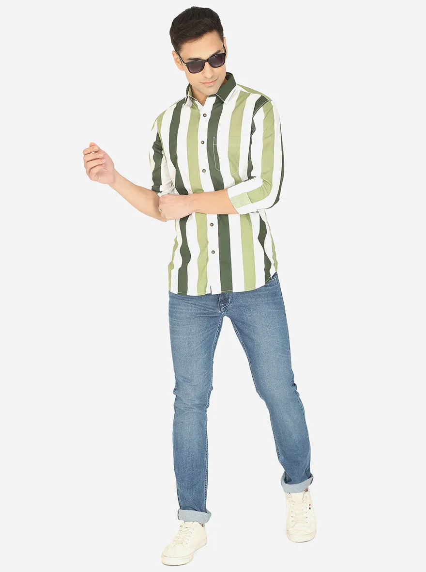 Forest Green & White Striped Slim Fit Semi Casual Shirt | JadeBlue