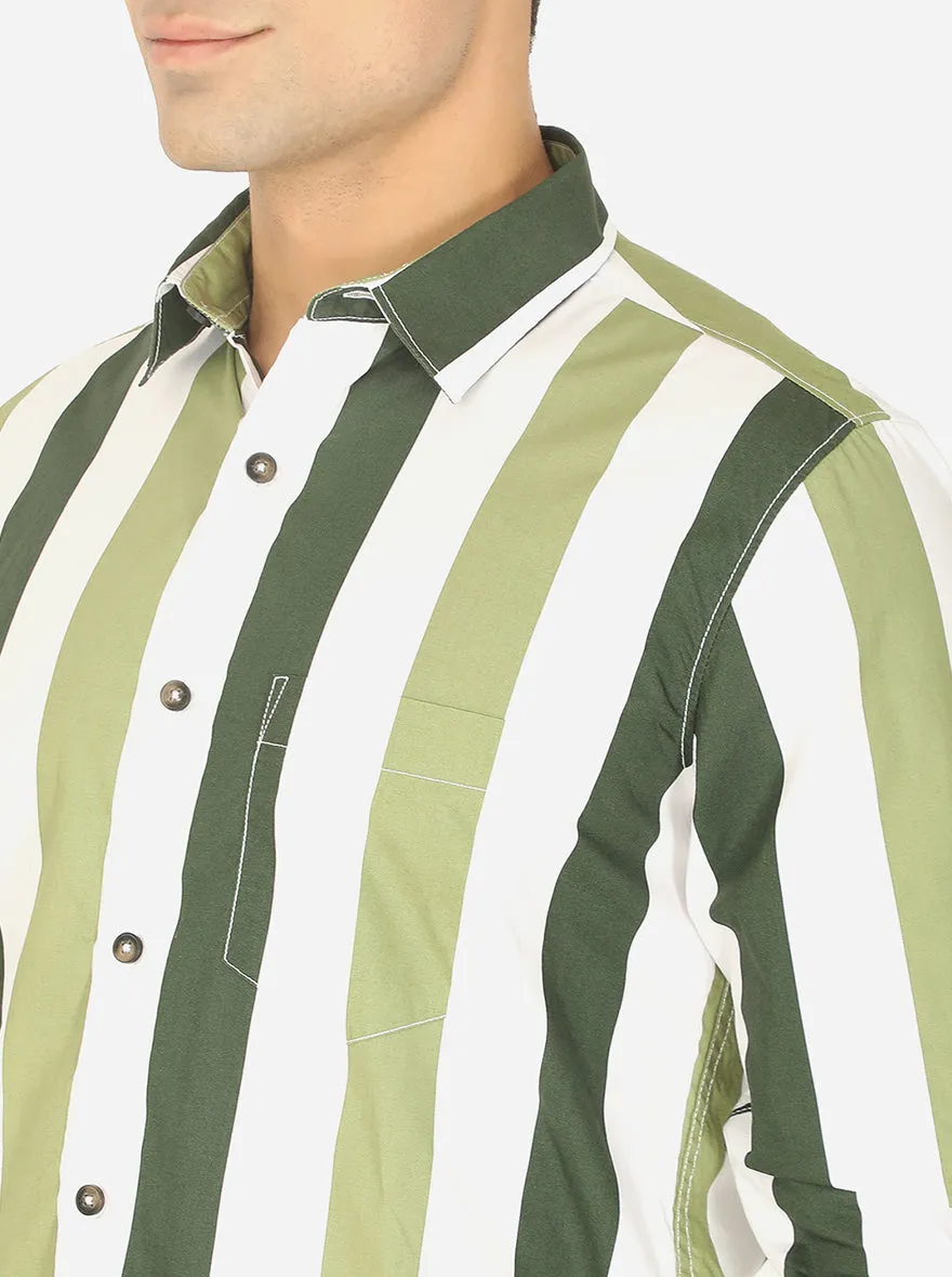 Forest Green & White Striped Slim Fit Semi Casual Shirt | JadeBlue