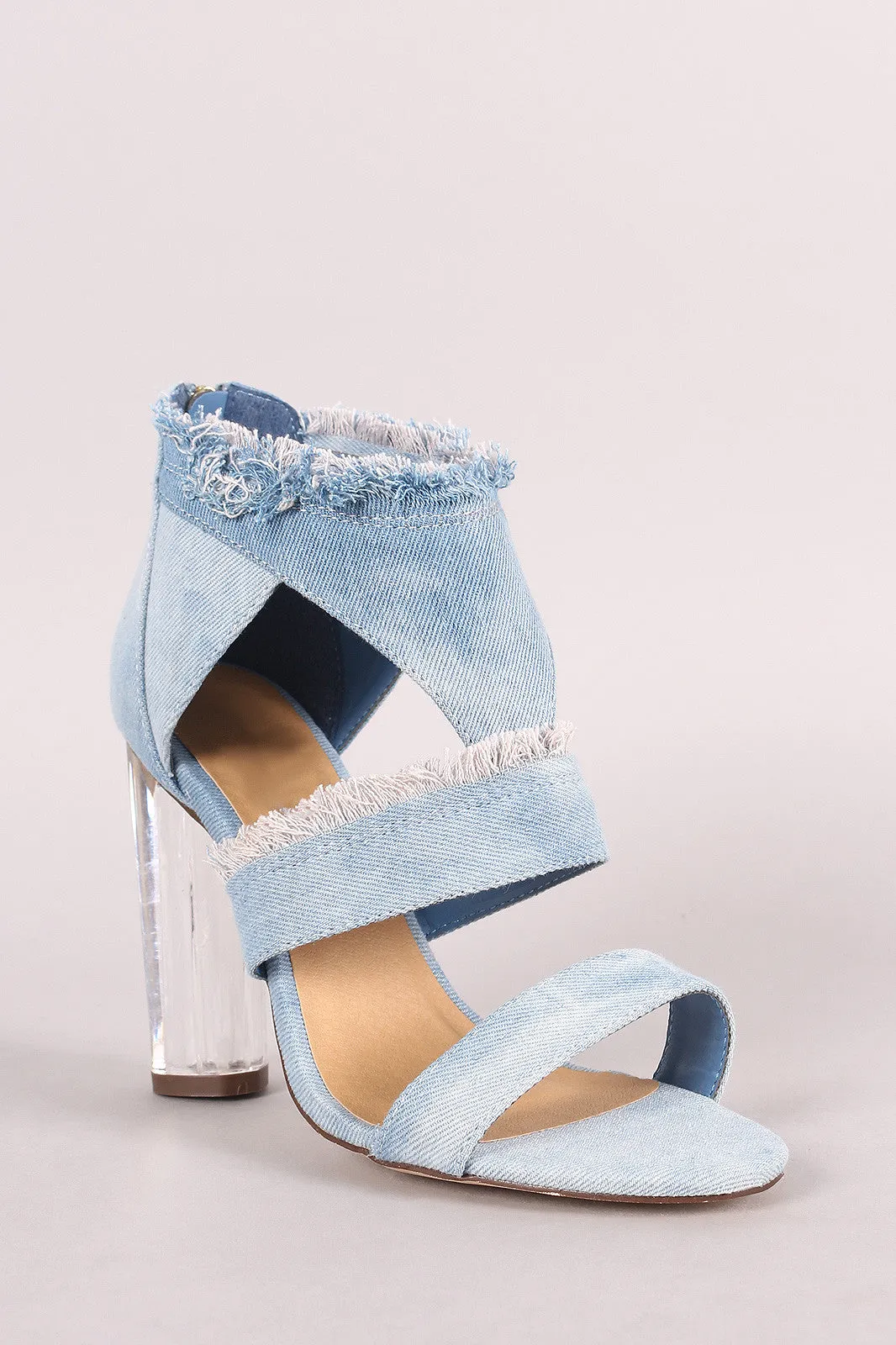 Frayed Denim Open Toe Chunky Perspex Heel