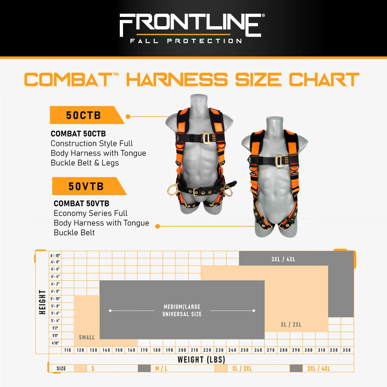 Frontline 50CTB Combat Construction Style Full Body Harness with Tongue Buckle Belt & Legs 3X/4X