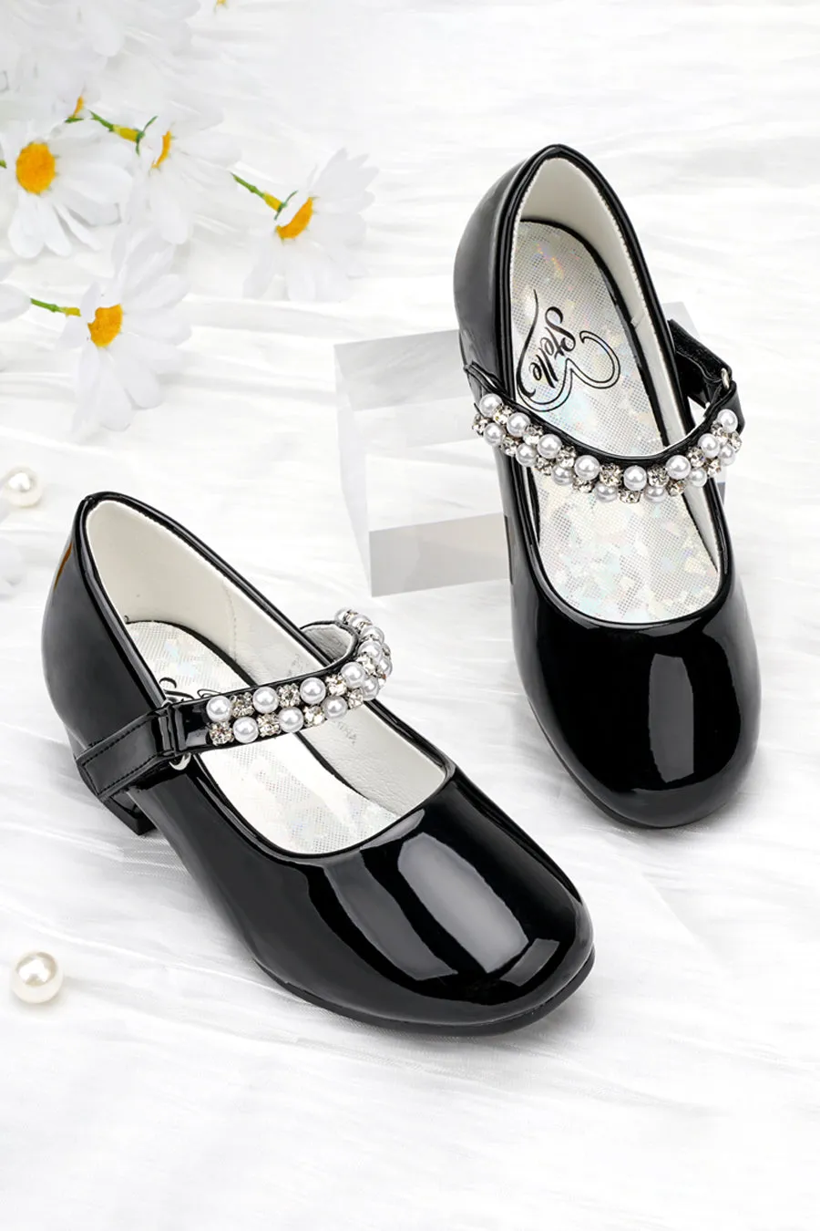 Girls Pearl and diamond strap Low Heel Mary Jane Dress Shoes