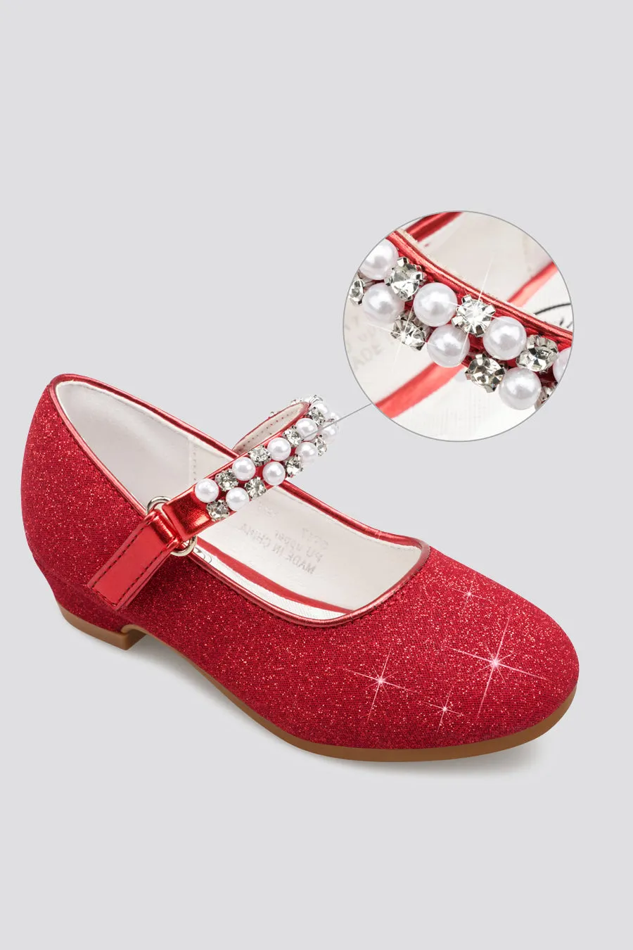 Girls Pearl and diamond strap Low Heel Mary Jane Dress Shoes