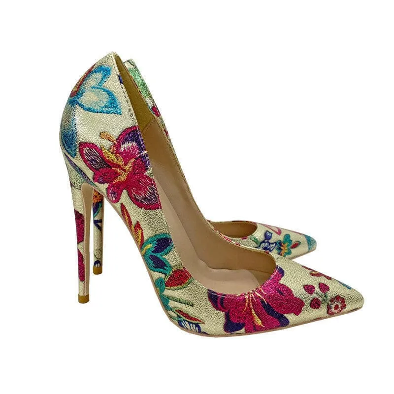 Gold Embroidered Floral High Heel Shoes with Butterfly Design